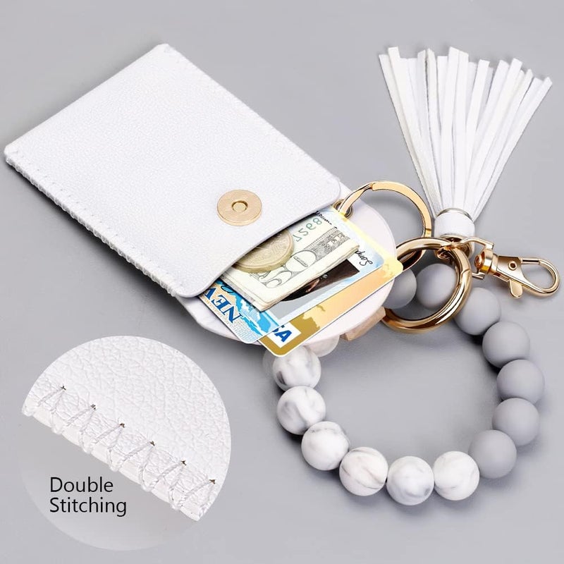 UpUDo Keychain Bracelet Wristlet, Silicone Beaded Key Ring Bracelet with Card Wallet, Elastic Keyring Bangle for Womens - Image 3